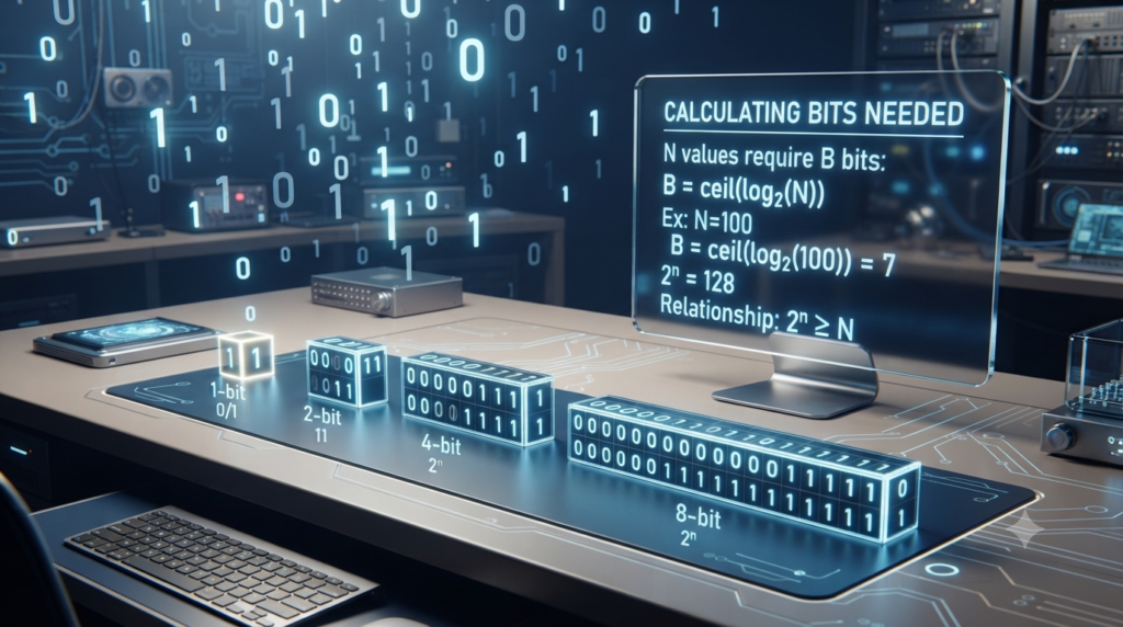 Realistic 3D illustration showing bits, binary values, powers of two, and the formula for calculating required bits