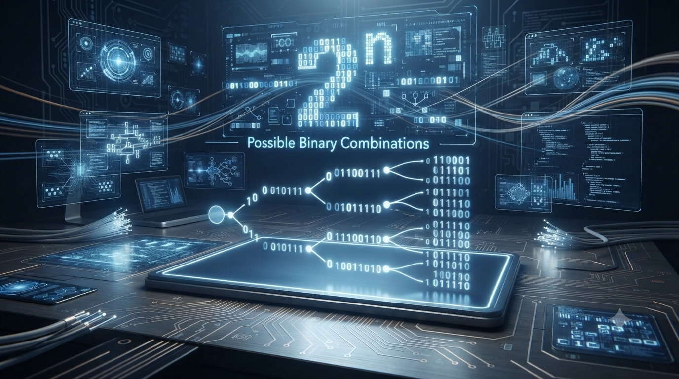 3D illustration showing binary combinations using 0 and 1 with the 2ⁿ formula