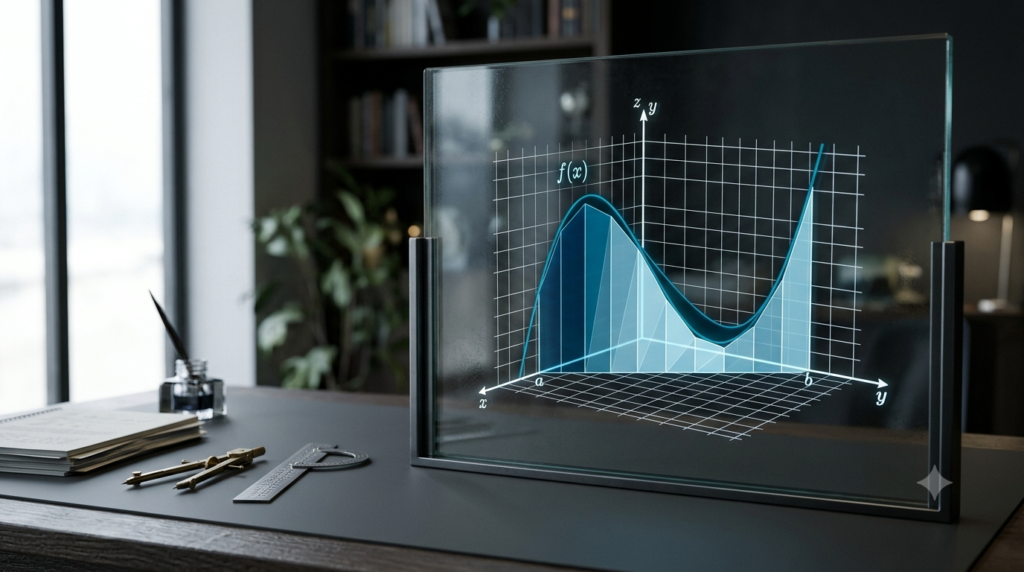 Numerical integration calculator concept showing a shaded area beneath a mathematical curve.