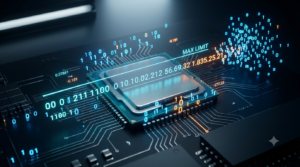 Realistic 3D visualization of numerical overflow with binary digits, a computer processor, and values exceeding a digital data range.