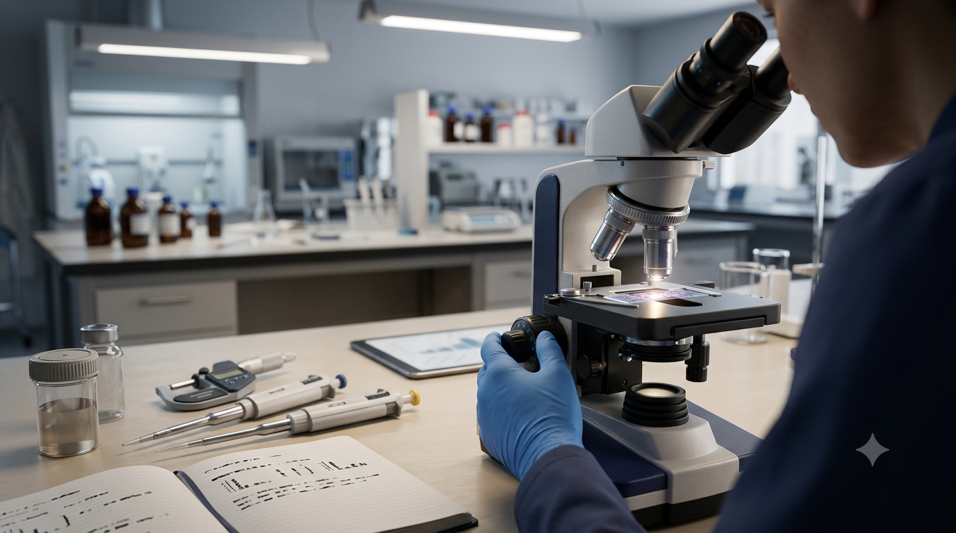 Realistic 3D render of a laboratory microscope and specimen illustrating observation, evidence, and reasoning in science.