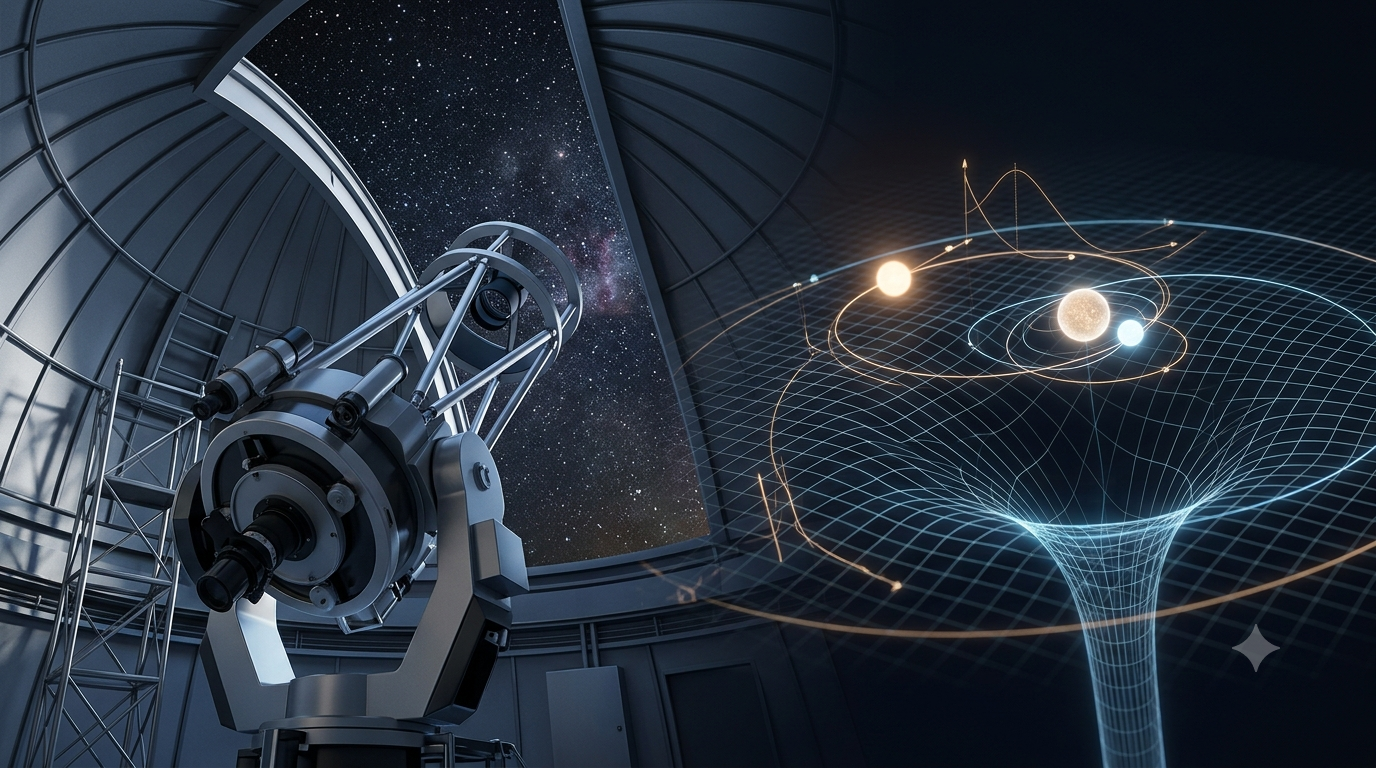 Optical telescope observing stars beside a 3D astronomical simulation illustrating theoretical astronomy.