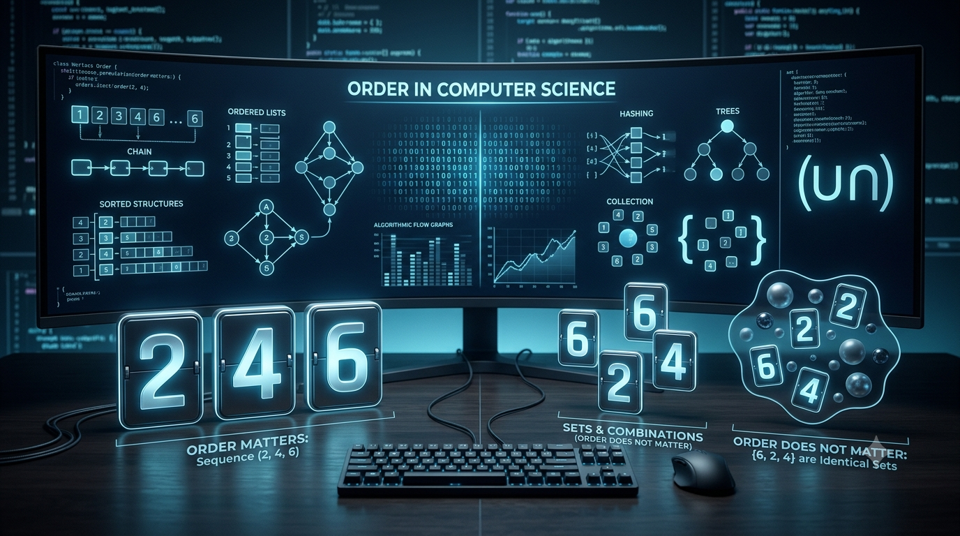 Realistic 3D illustration comparing ordered and rearranged number elements to explain the importance of order in computer science problems.
