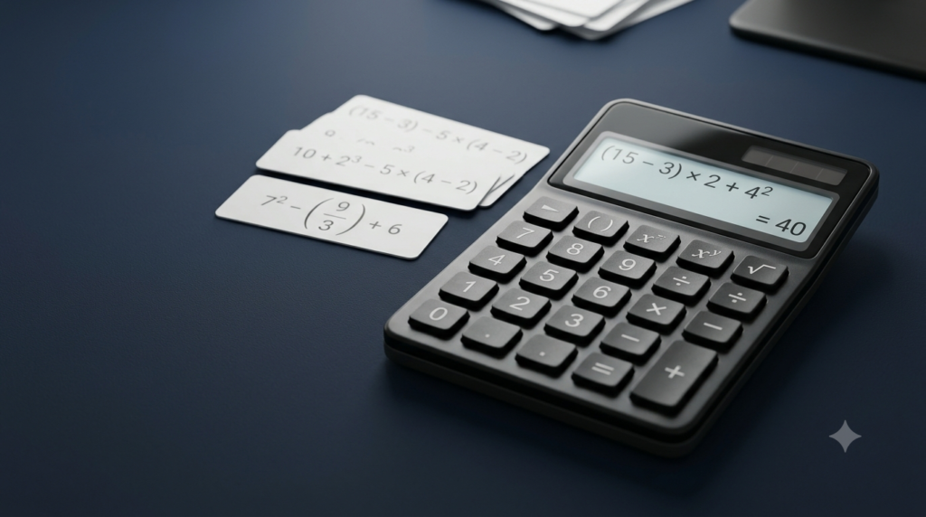 Realistic 3D calculator illustrating mathematical order of operations using BODMAS and PEMDAS rules.