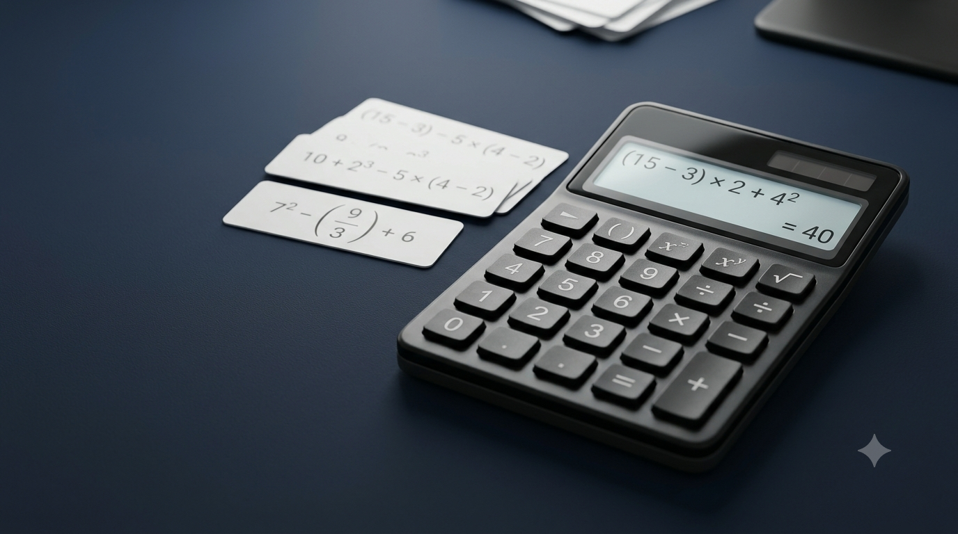 Realistic 3D calculator illustrating mathematical order of operations using BODMAS and PEMDAS rules.