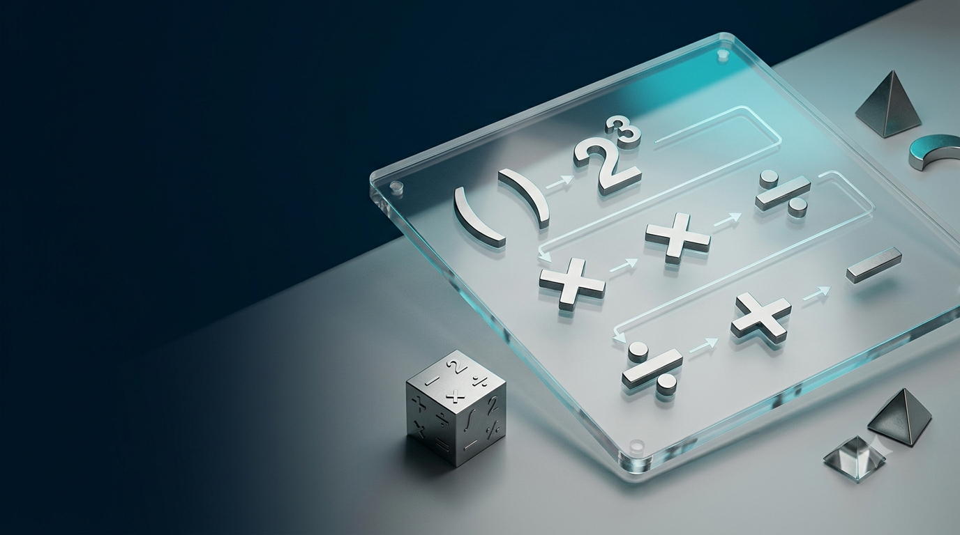 Realistic 3D mathematical symbols illustrating the order of operations in algebra.
