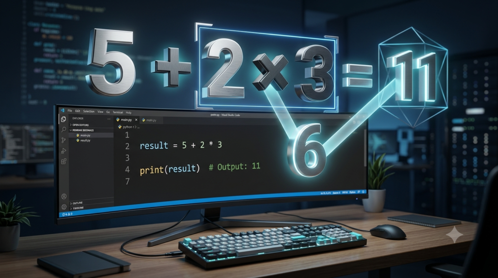 Realistic 3D illustration of mathematical operators and computer code demonstrating the order of operations in programming.