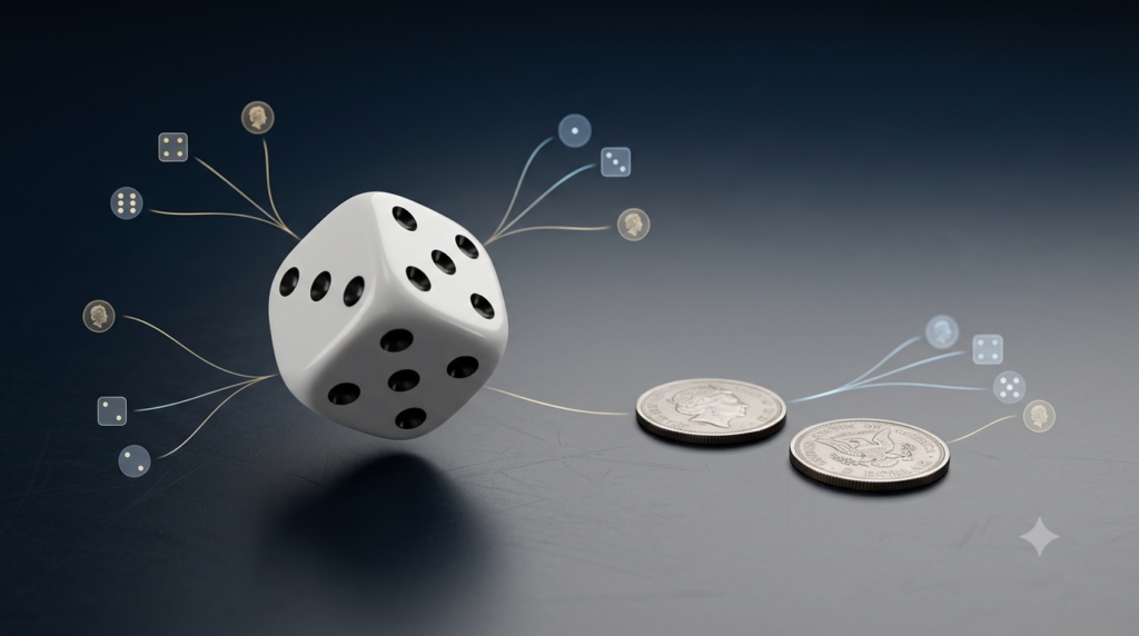 Realistic 3D dice and coins illustrating possible outcomes in probability.