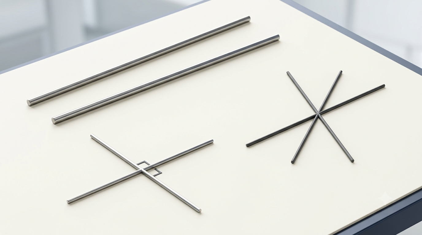 Realistic 3D geometry model showing parallel lines, perpendicular lines meeting at 90 degrees, and intersecting lines.