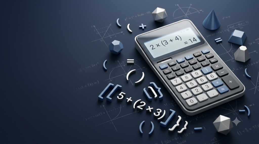 3D calculator displaying a mathematical expression with parentheses and arithmetic operations.