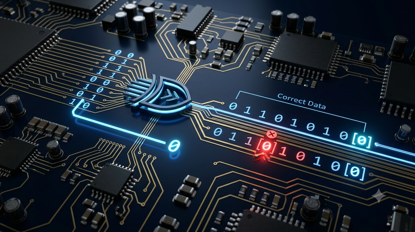 Realistic 3D illustration of binary digits, a parity bit, and digital circuits representing error detection in computer science.