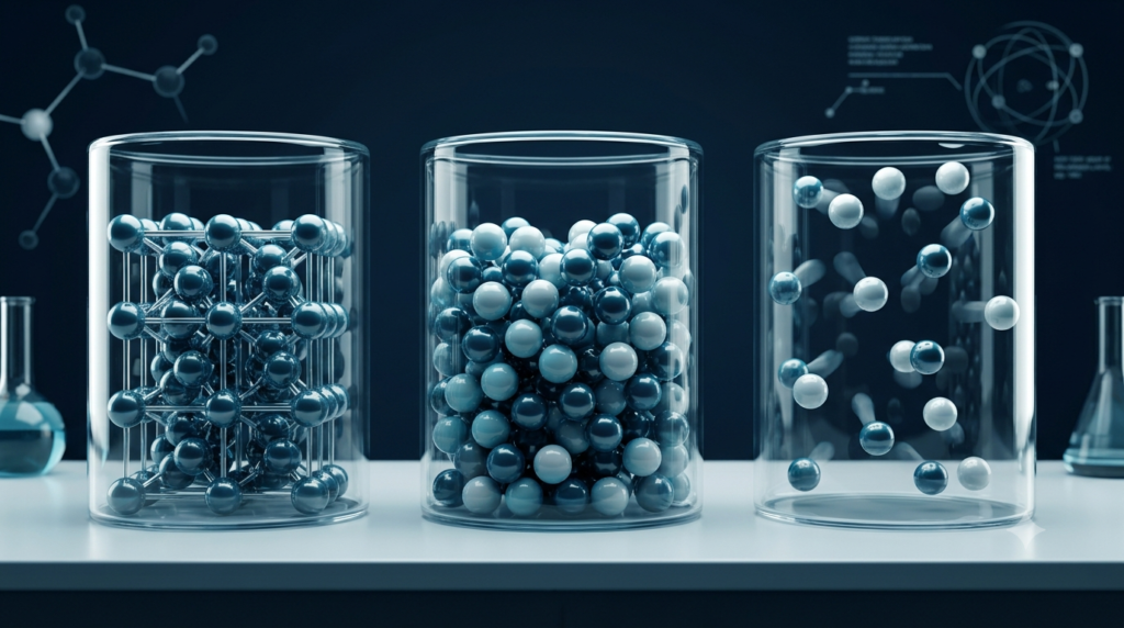 Realistic 3D visualization of tightly packed solid particles, closely spaced liquid particles, and widely separated gas particles.