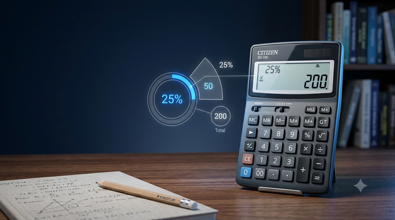 Realistic 3D calculator illustrating percentage calculations and mathematical values.
