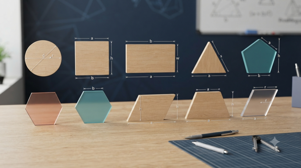 Realistic 3D illustration of perimeter formulas for common geometric shapes