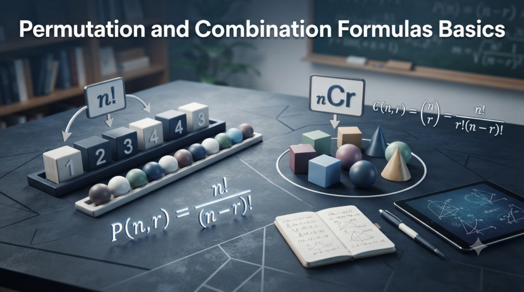 Realistic 3D representation of permutation and combination formulas in mathematics