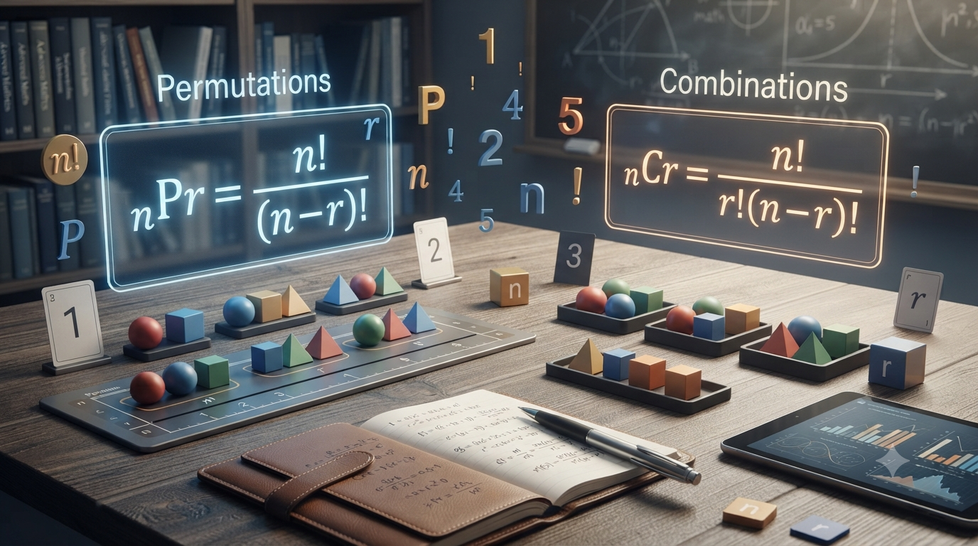 3D illustration of permutation and combination formulas used for counting problems