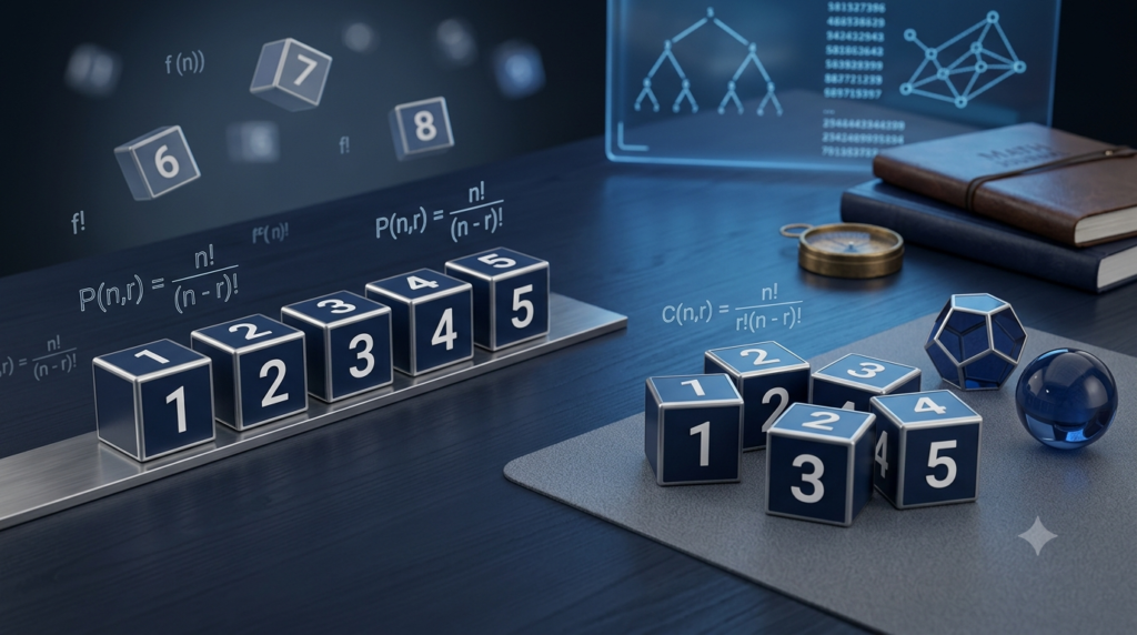 Realistic 3D numbered cubes illustrating permutations and combinations in mathematics counting problems.