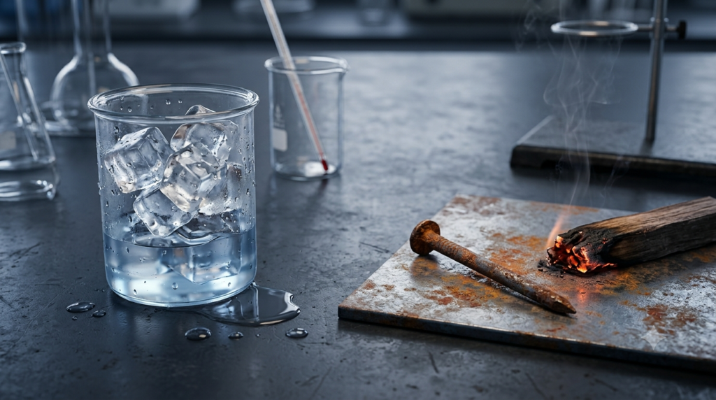 Realistic 3D illustration of melting ice, water, rusting iron, and burning wood showing physical and chemical changes in matter.