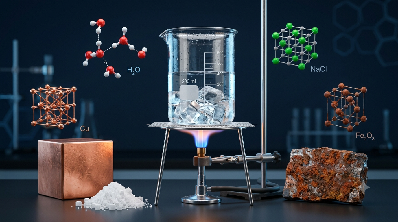 3D illustration of ice, water, copper, salt, rusted iron, and a laboratory flame representing physical and chemical properties of matter.