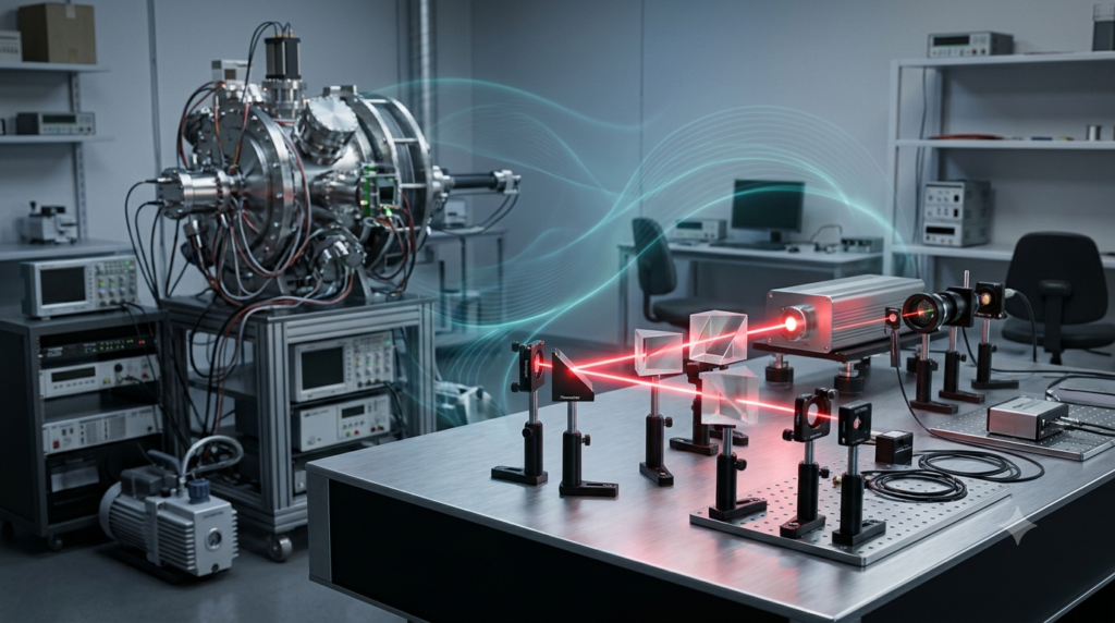 Physics research laboratory with laser optics and scientific equipment representing the work of a physicist.