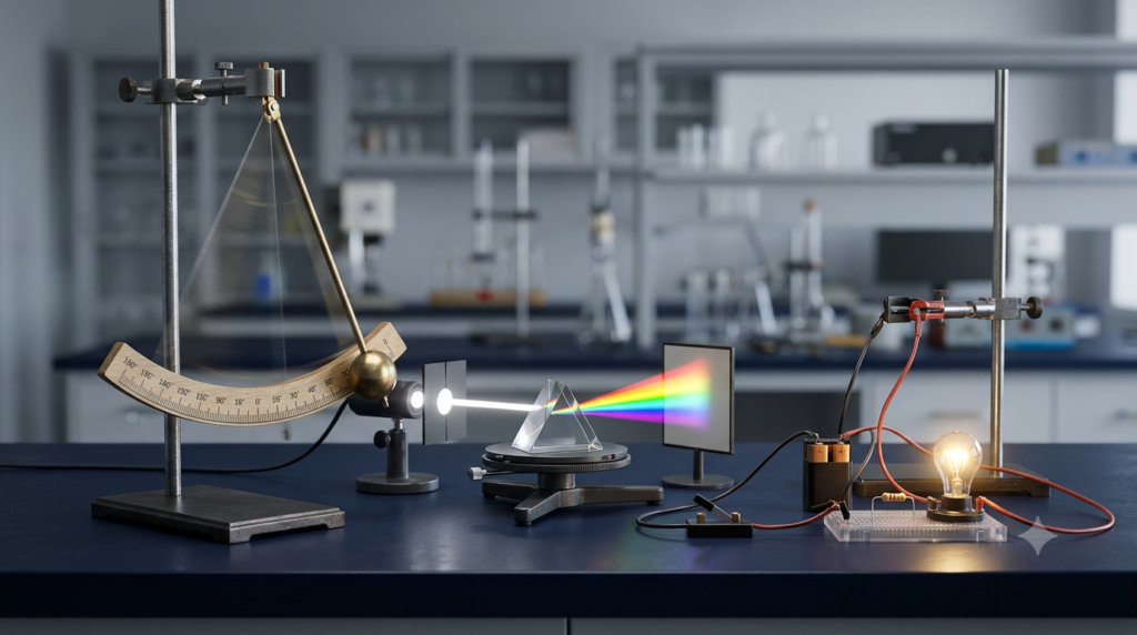 Physics experiments demonstrating a pendulum, light refraction, and an electrical circuit in a science laboratory.