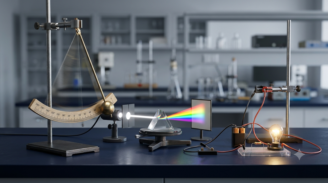 Physics experiments demonstrating a pendulum, light refraction, and an electrical circuit in a science laboratory.