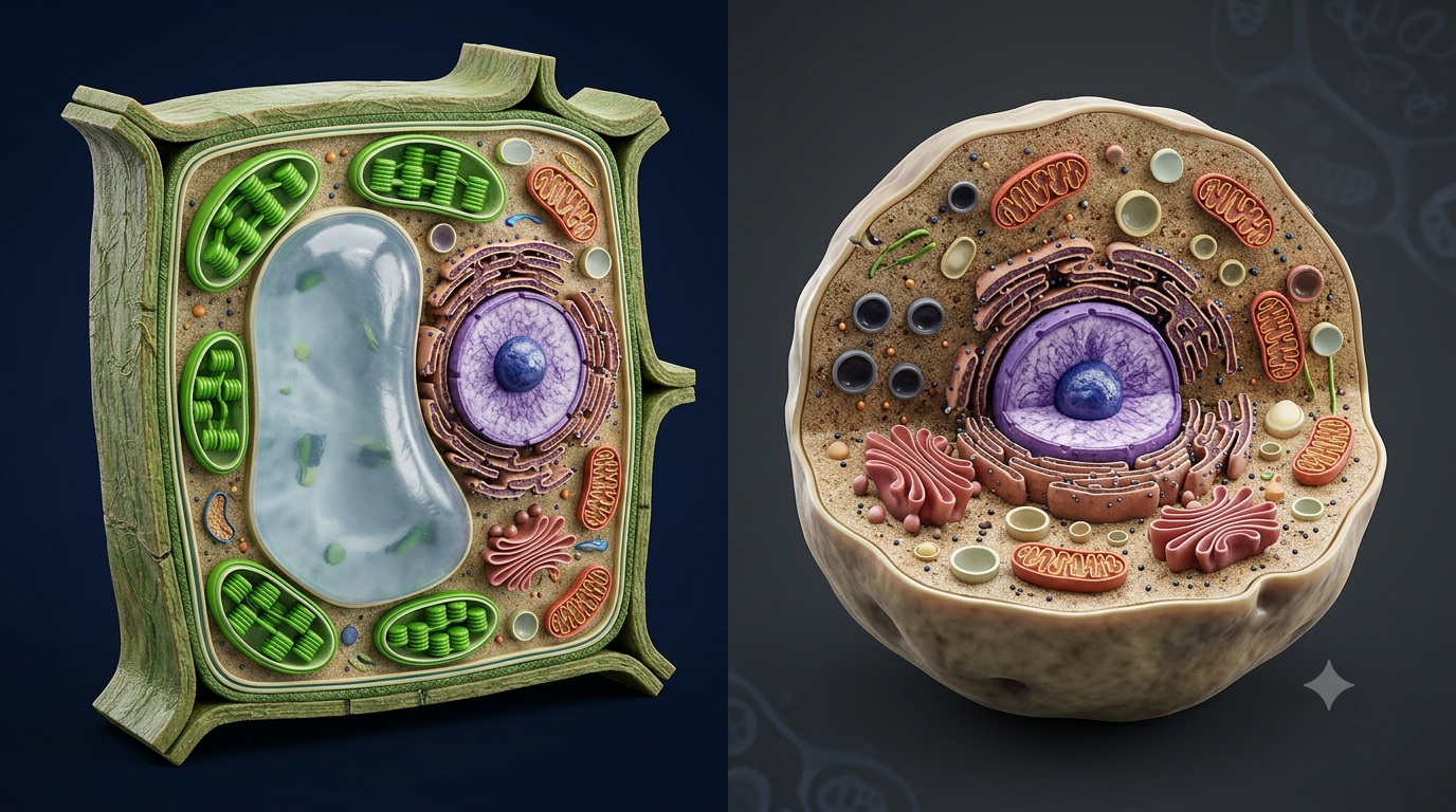 Realistic 3D comparison of a plant cell with a cell wall, chloroplasts, and large central vacuole and an animal cell with a flexible membrane and smaller organelles.