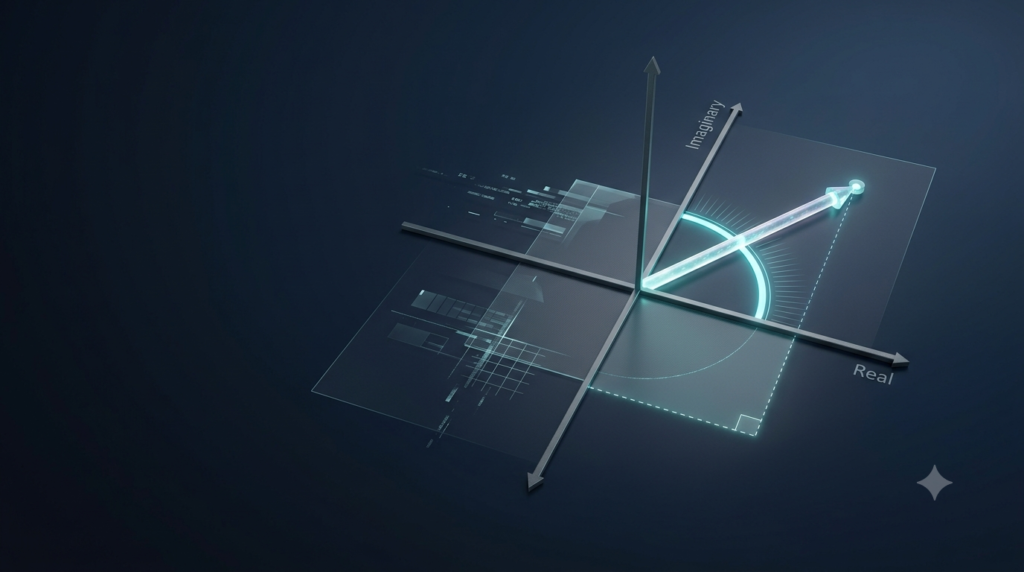 3D illustration of a complex plane with a vector and angle representing polar to rectangular form conversion.