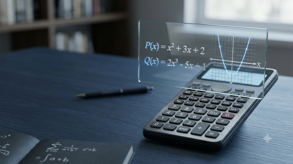 Realistic 3D calculator displaying polynomial expressions for algebra calculations.