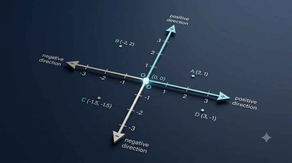 Realistic 3D coordinate plane showing positive and negative directions on the x-axis and y-axis.