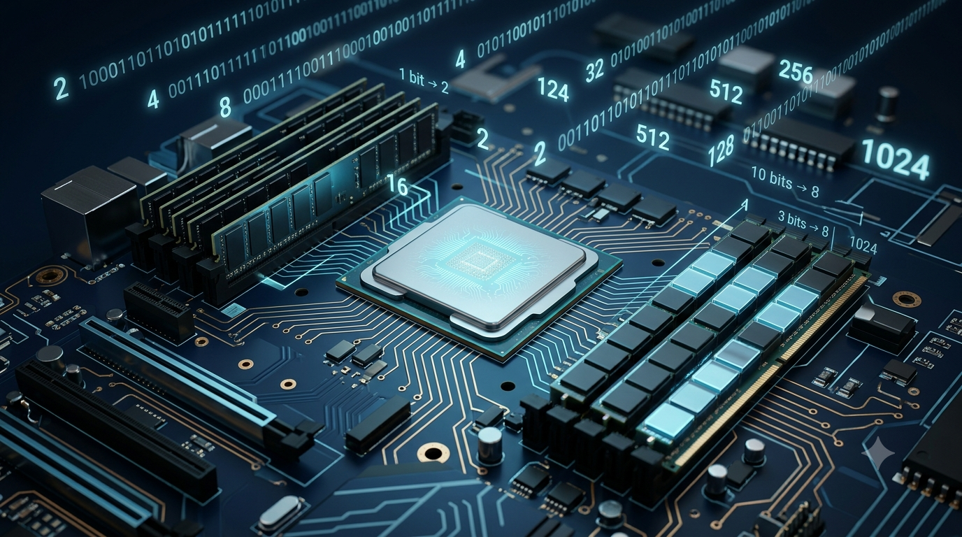 Realistic 3D computer processor and RAM modules illustrating powers of two in computer memory and binary systems.