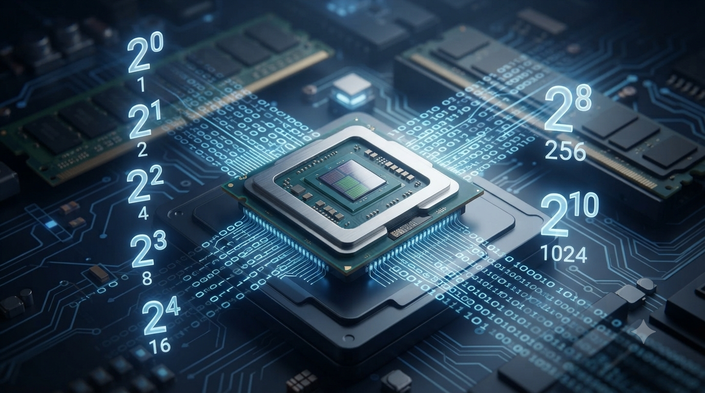 Realistic 3D illustration of powers of two, binary numbers, computer memory, and digital data