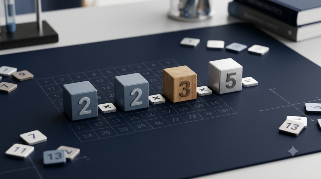 3D mathematical blocks representing prime factors and prime factorization.