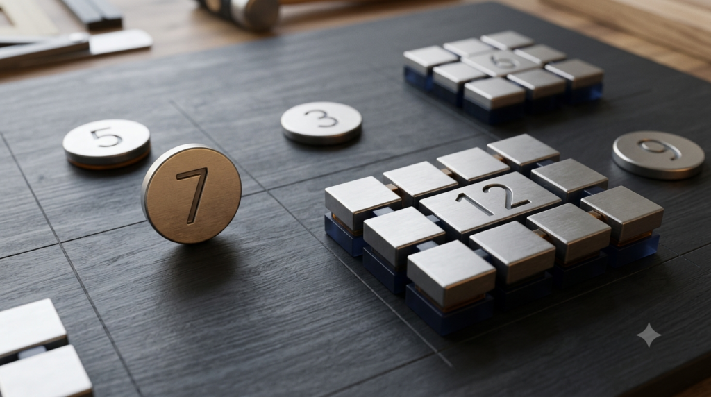 Realistic 3D illustration of prime number 7 and composite number 12 arranged in geometric blocks.