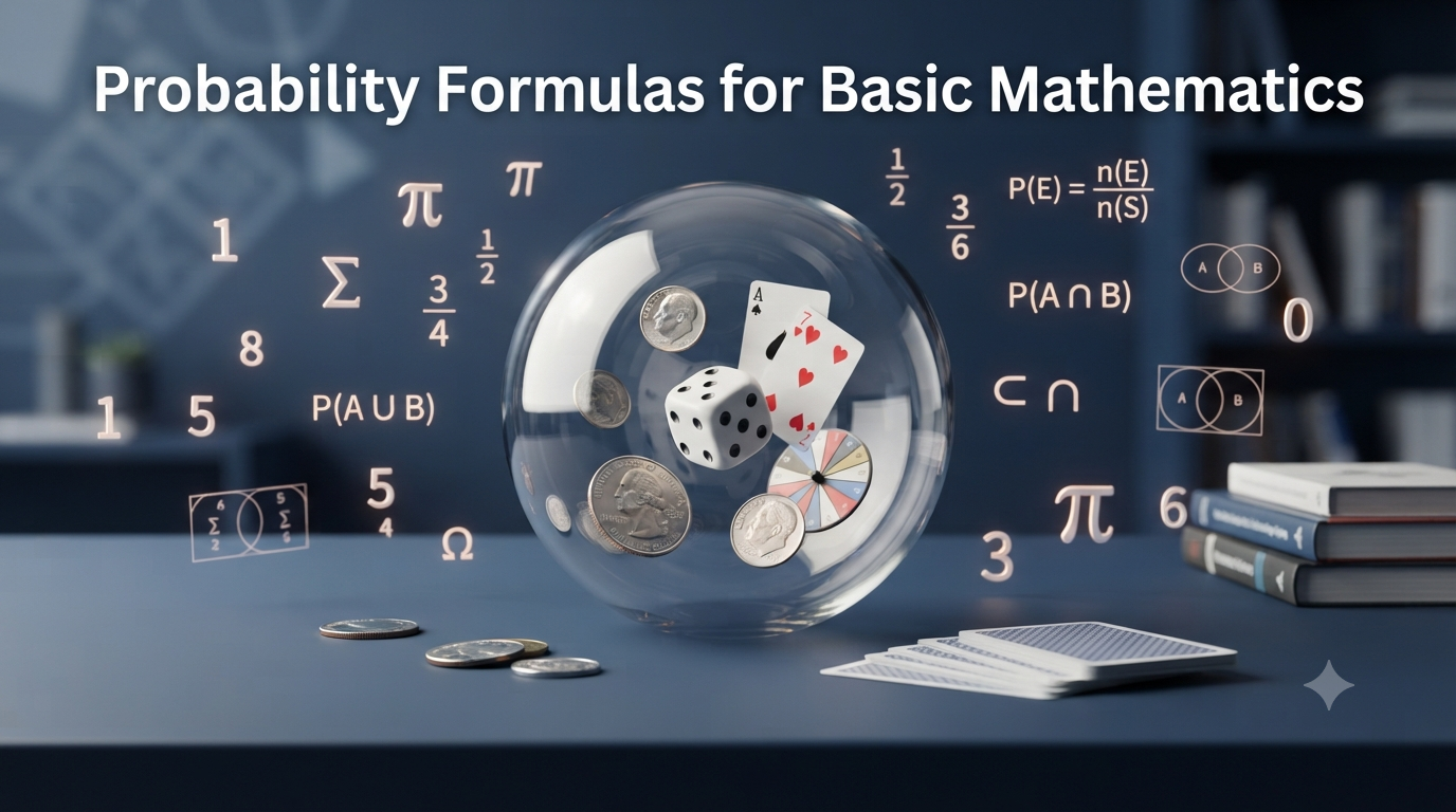 Realistic 3D illustration of probability formulas with dice coins and cards