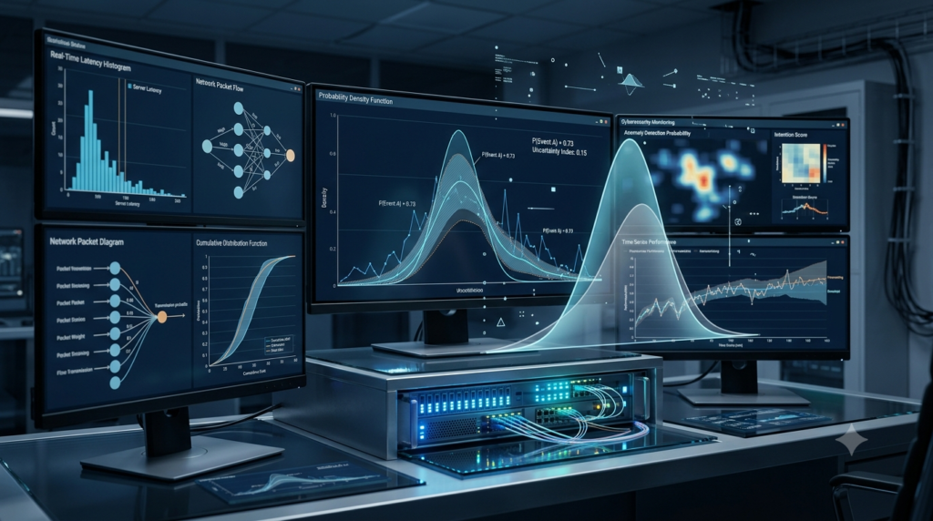 Realistic 3D illustration of probability graphs, computer servers, network data, and uncertainty analysis in computer systems.