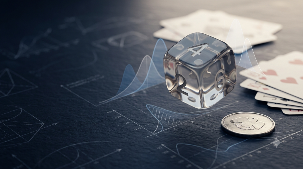 Realistic 3D dice, playing cards, and a coin illustrating probability in mathematics.