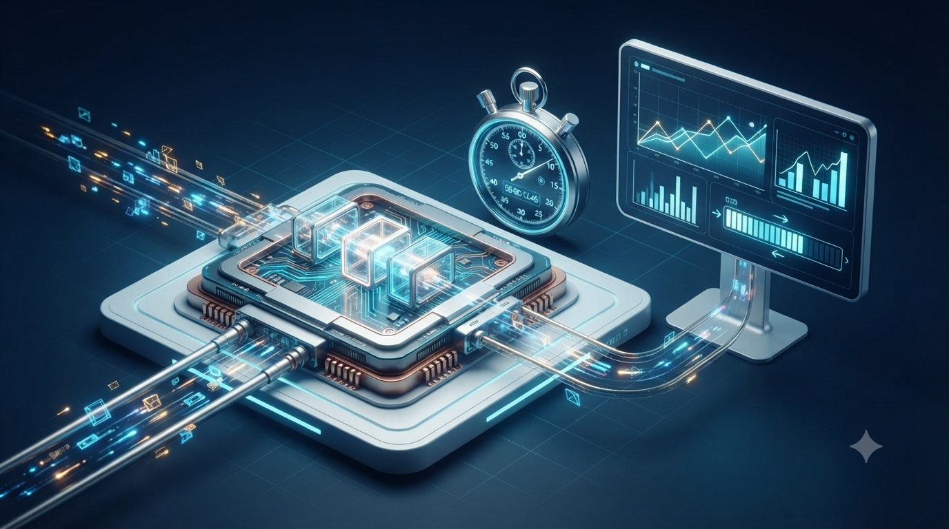 3D illustration of a computer processor, stopwatch, and digital dashboard representing processing time and throughput calculations.