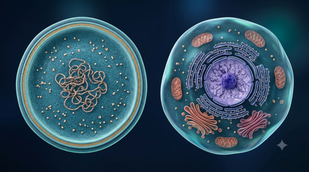 3D comparison of a prokaryotic bacterial cell without a nucleus and a eukaryotic animal cell with a nucleus and membrane-bound organelles.