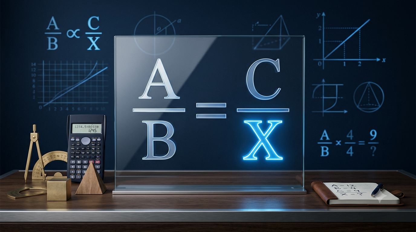 3D illustration of a Proportion Calculator showing mathematical ratios and a missing variable.