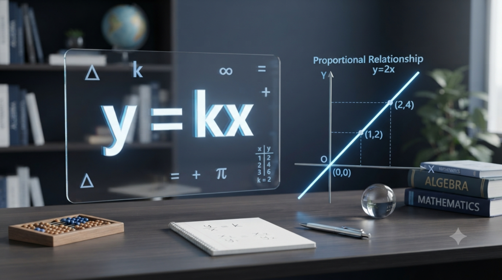 3D illustration showing the formula y = kx and a graph of a proportional relationship