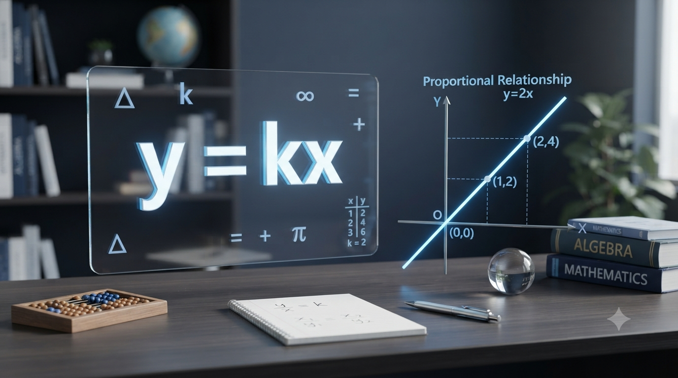 3D illustration showing the formula y = kx and a graph of a proportional relationship