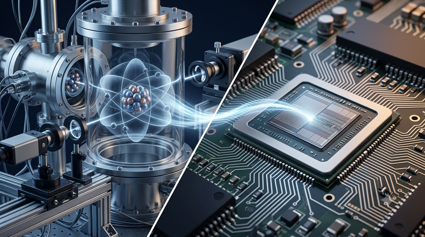 Realistic 3D illustration comparing atomic research in pure science with semiconductor technology in applied science.