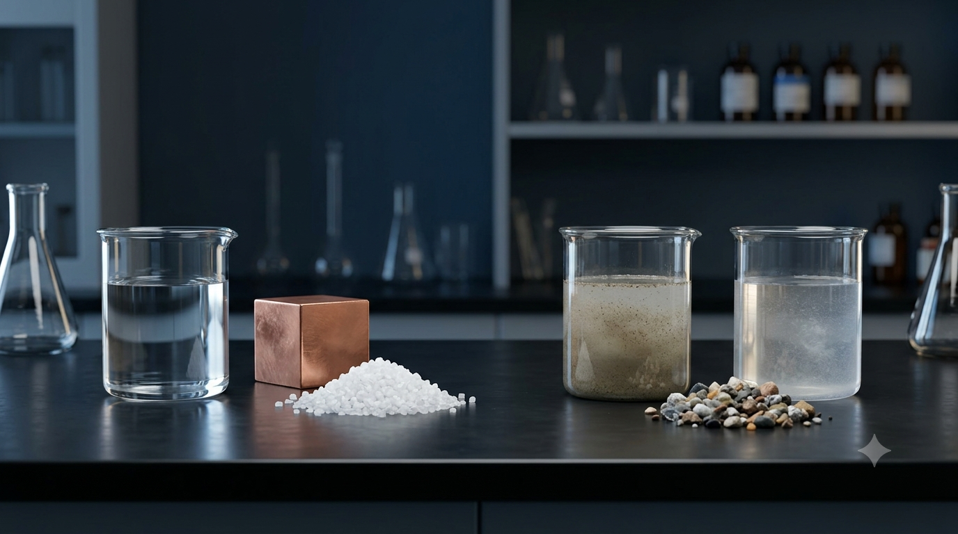 3D chemistry illustration showing pure substances like distilled water, copper and salt alongside mixtures of sand, water and dissolved salt.
