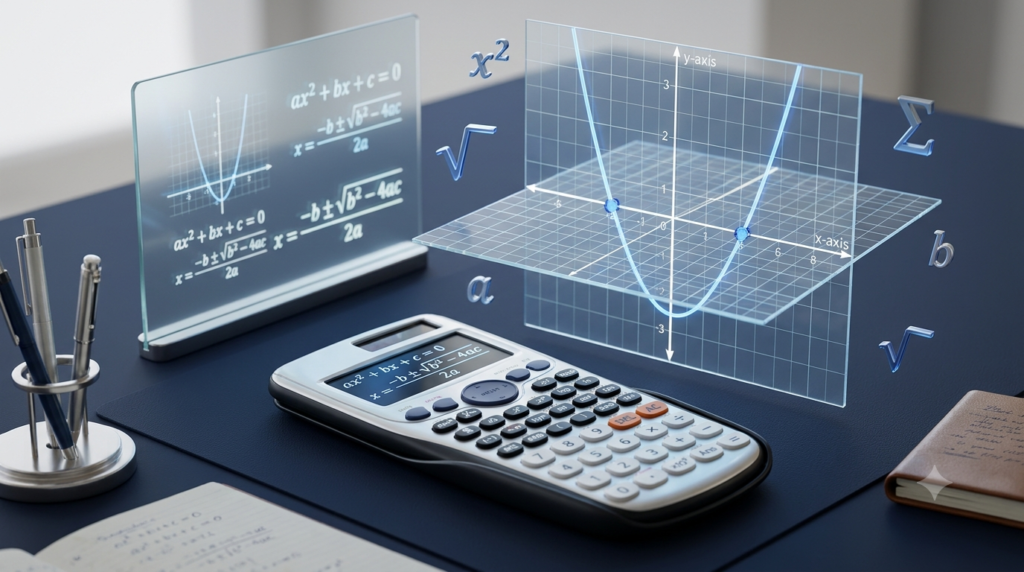 Quadratic equation solver calculator with a parabolic graph and mathematical symbols