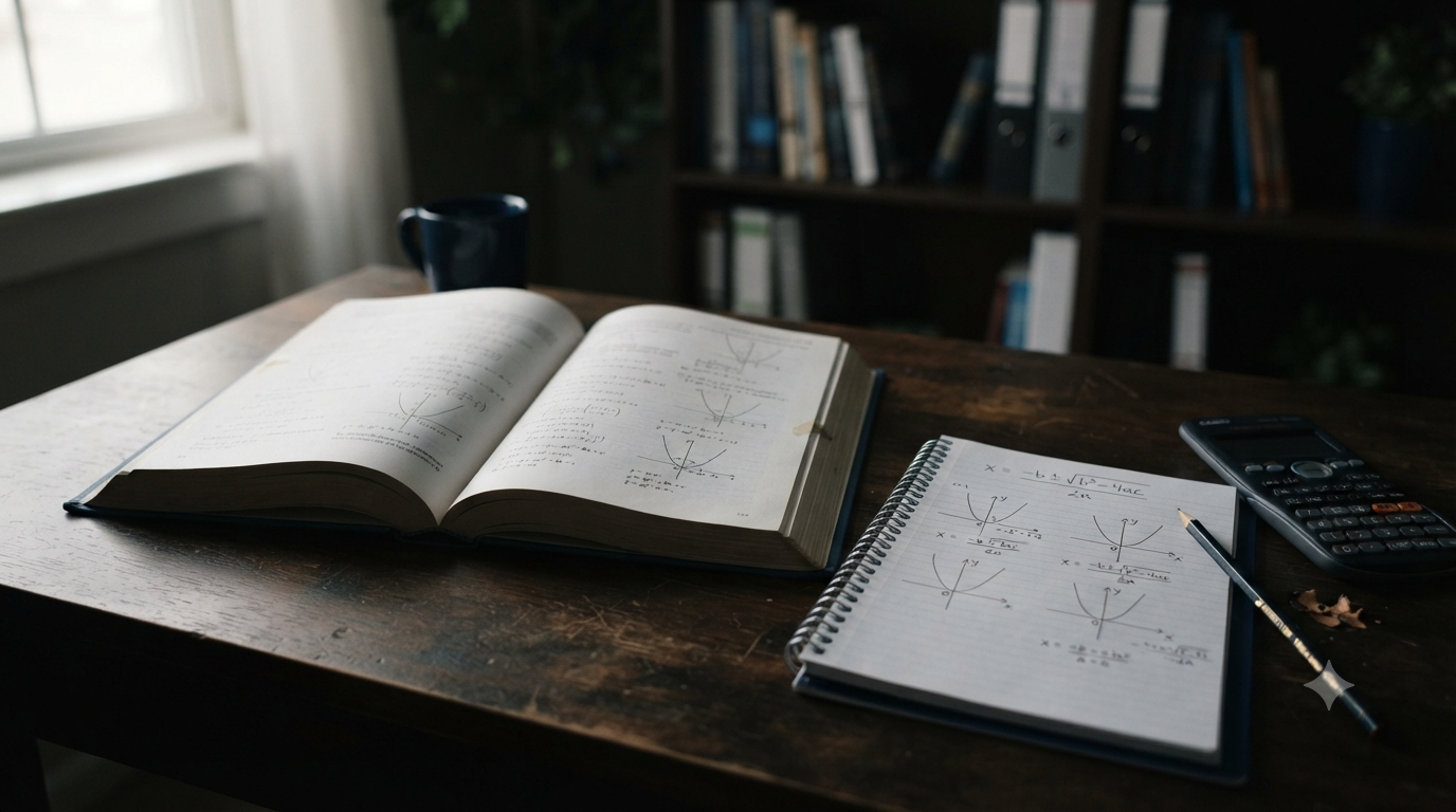 Quadratic formula and quadratic equation concepts shown with algebra notes and a parabola graph