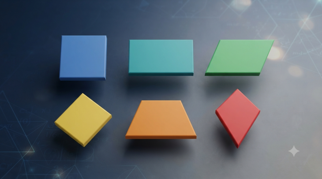 Realistic 3D illustration of common quadrilaterals and their geometric properties