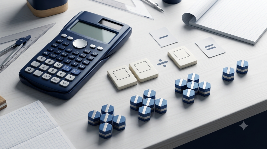 3D calculator and grouped blocks illustrating quotient and remainder division.