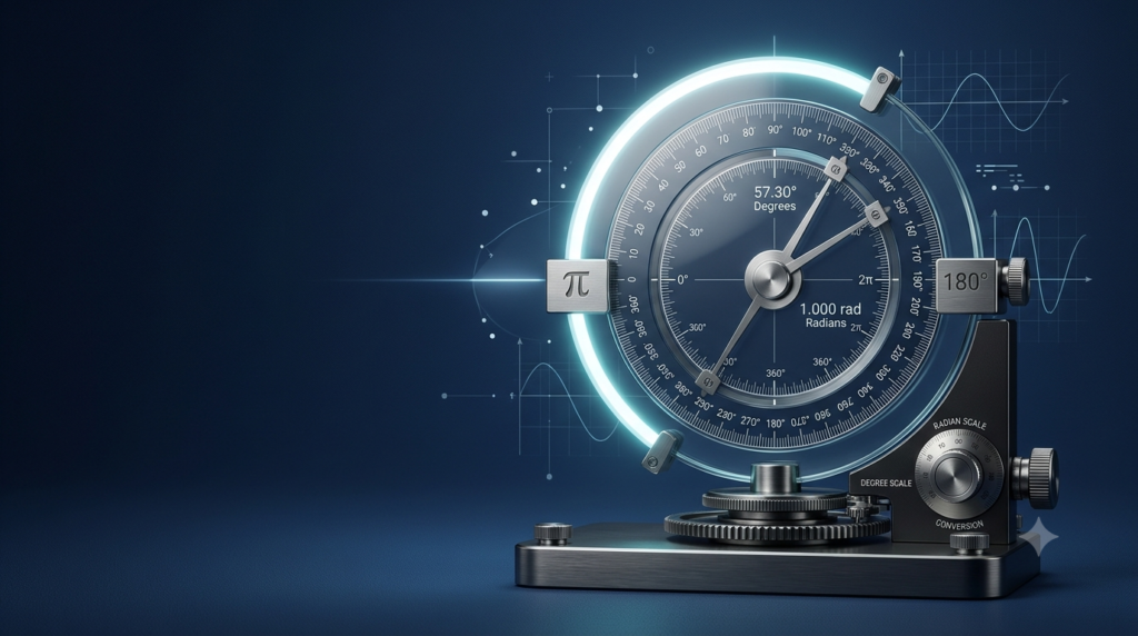 Realistic 3D illustration of radians and degrees angle conversion with a circular protractor.