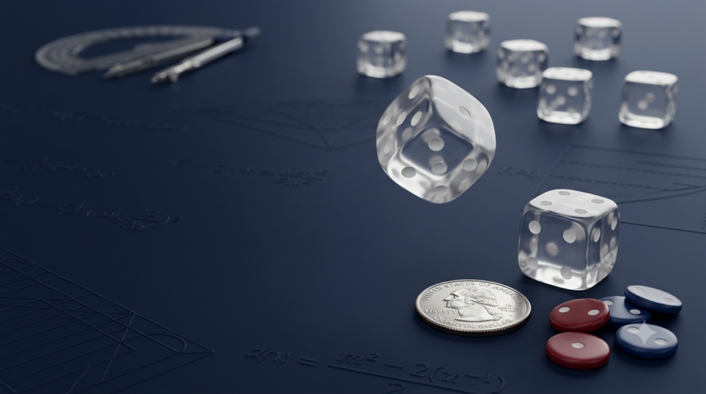 Realistic 3D dice and probability objects illustrating random experiments, outcomes, and events in mathematics.
